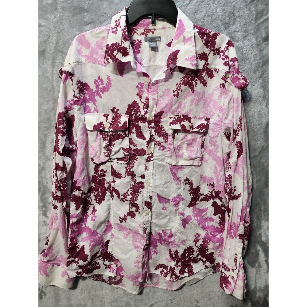 H&M Shirt Womens XL Pink Floral Button Up Casual 3/4 Button Sleeve